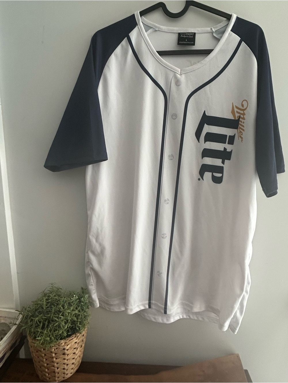 Miller Lite Beer White & Navy Baseball Tee Jersey Large
